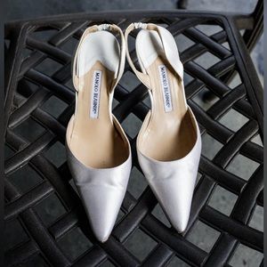COPY - Manolo Blahnik White Silk Slingback Heels